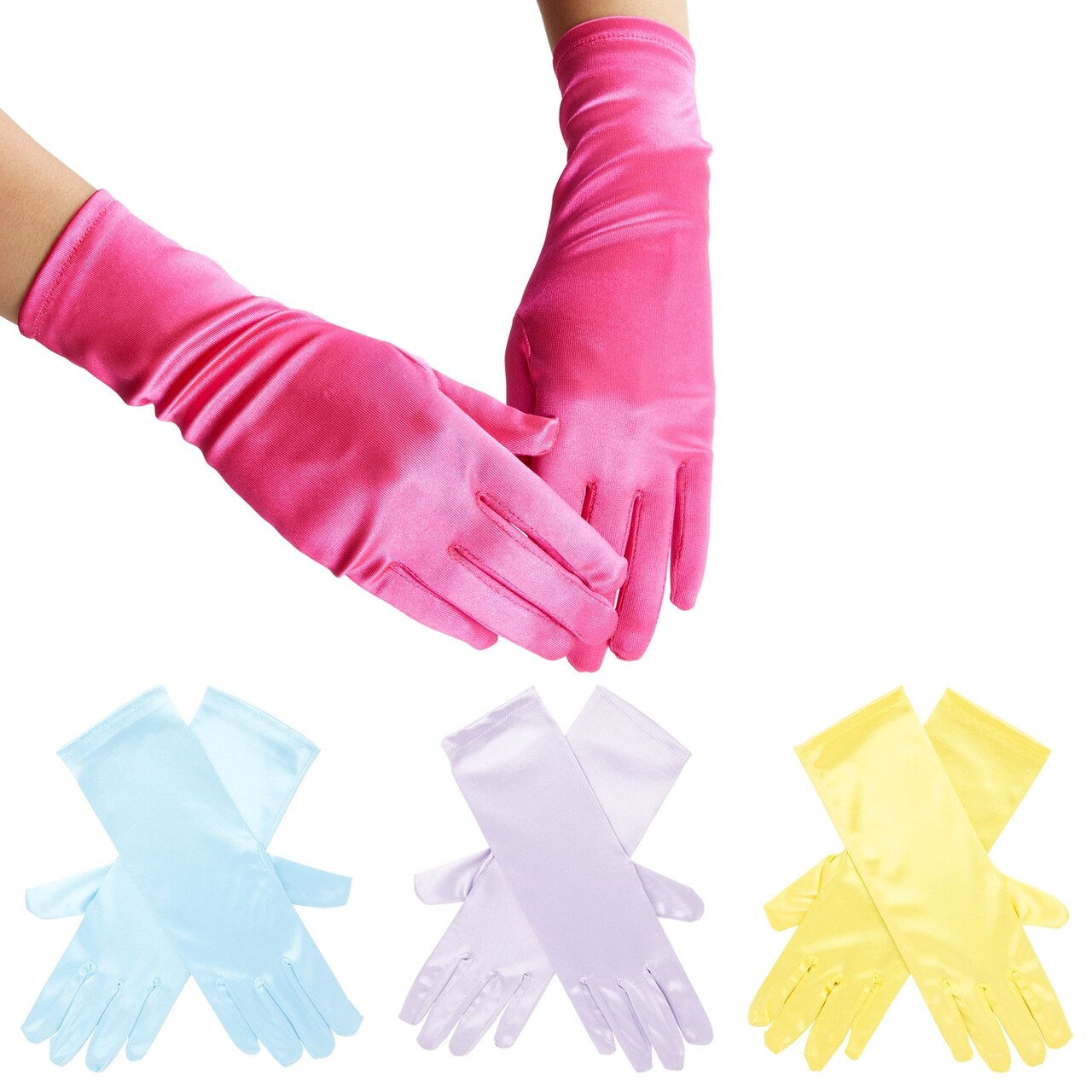 4 Pairs of Satin Princess-Style Gloves For Little Girls Dress Up Costumes, Tea Party, Birthday, Wedding, Pageant (4 Colors), For Ages 3+